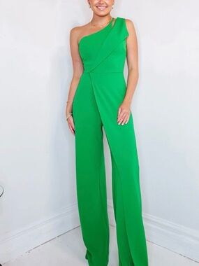 One-Shoulder Green Wide-Leg Jumpsuit